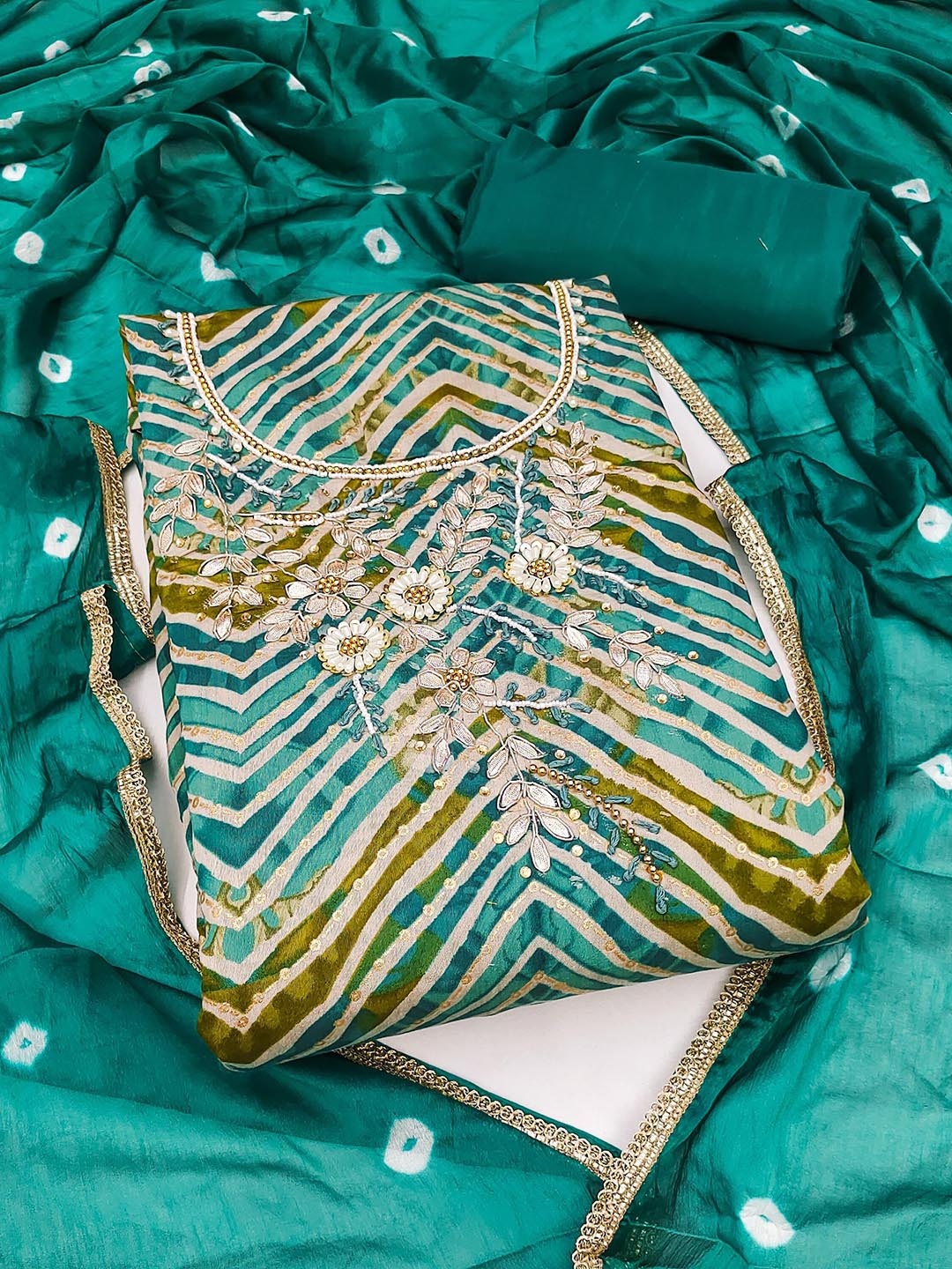 

SHADOW & SAINING Floral Printed Beads and Stones Pure Silk Semi-Stitched Dress Material, Sea green