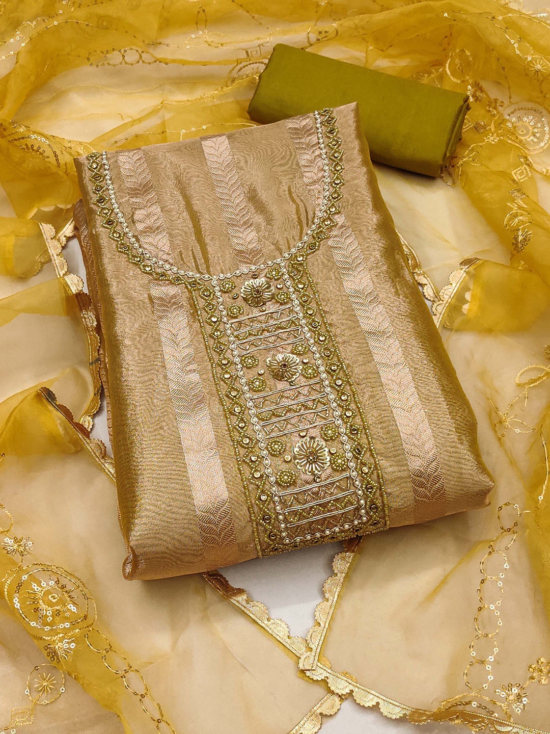

SHADOW & SAINING Floral Woven Design Beaded Organza Semi-Stitched Dress Material, Olive
