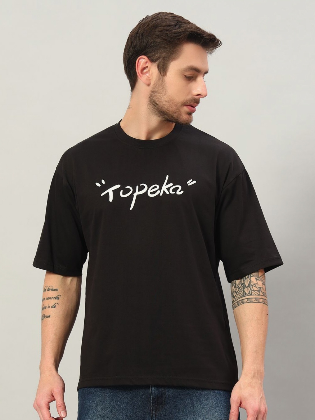 

PROFY Men Graphic Printed Round Neck Cotton Relaxed Fit T-shirt, Black
