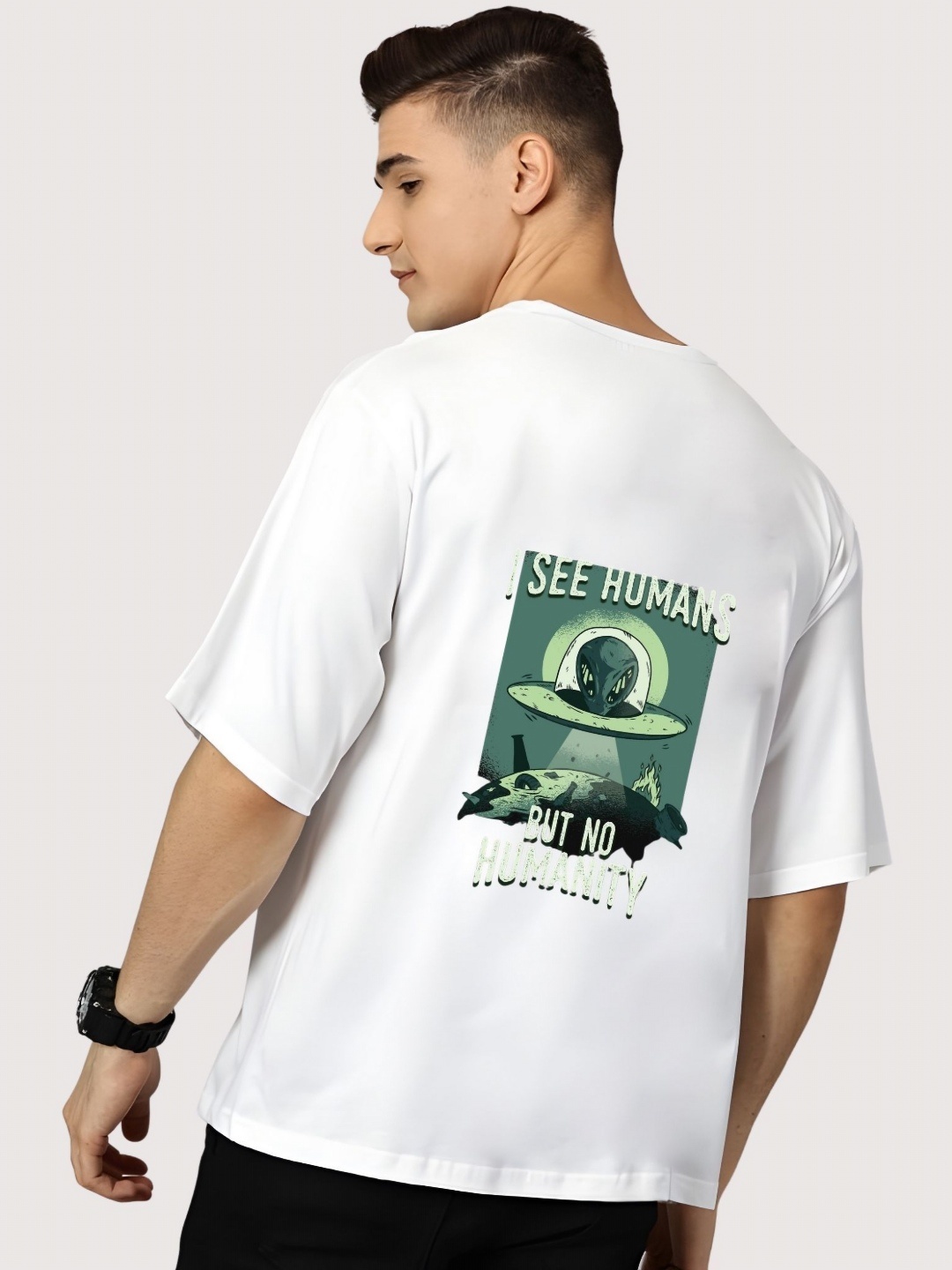 

SZN Men Graphic Printed Round Neck Cotton Oversized T-shirt, White