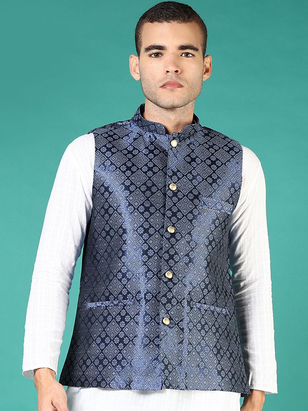

V-Mart Men Mandarin Collar Nehru Jacket, Blue