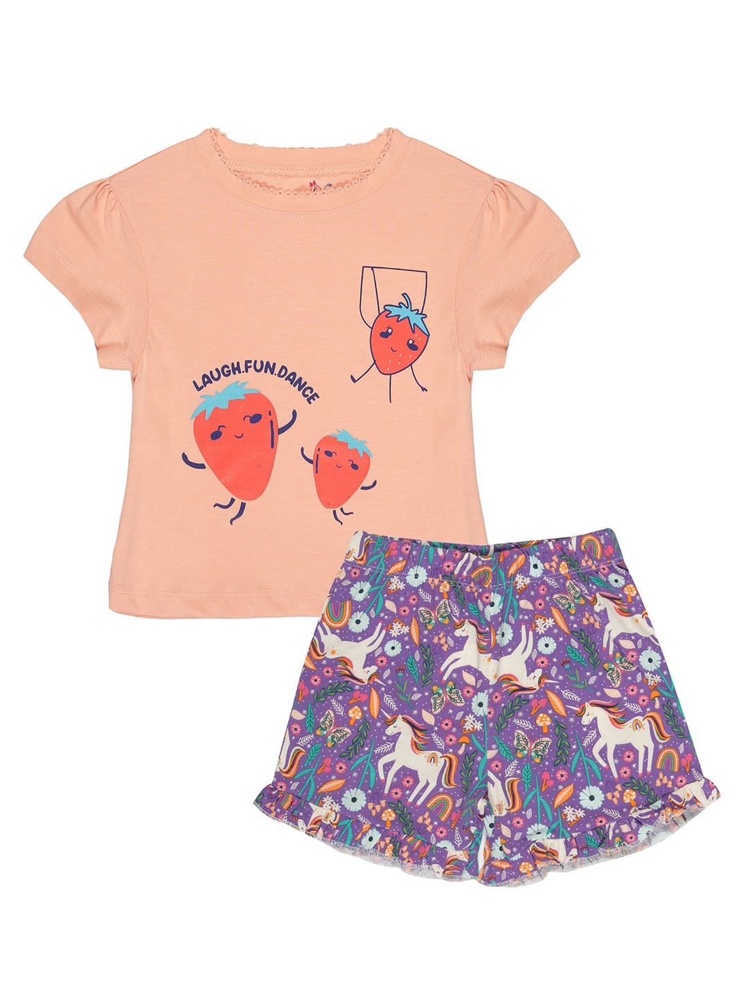 

YOUNG BIRDS Girls Round Neck Pure Cotton T-Shirt With Shorts, Peach