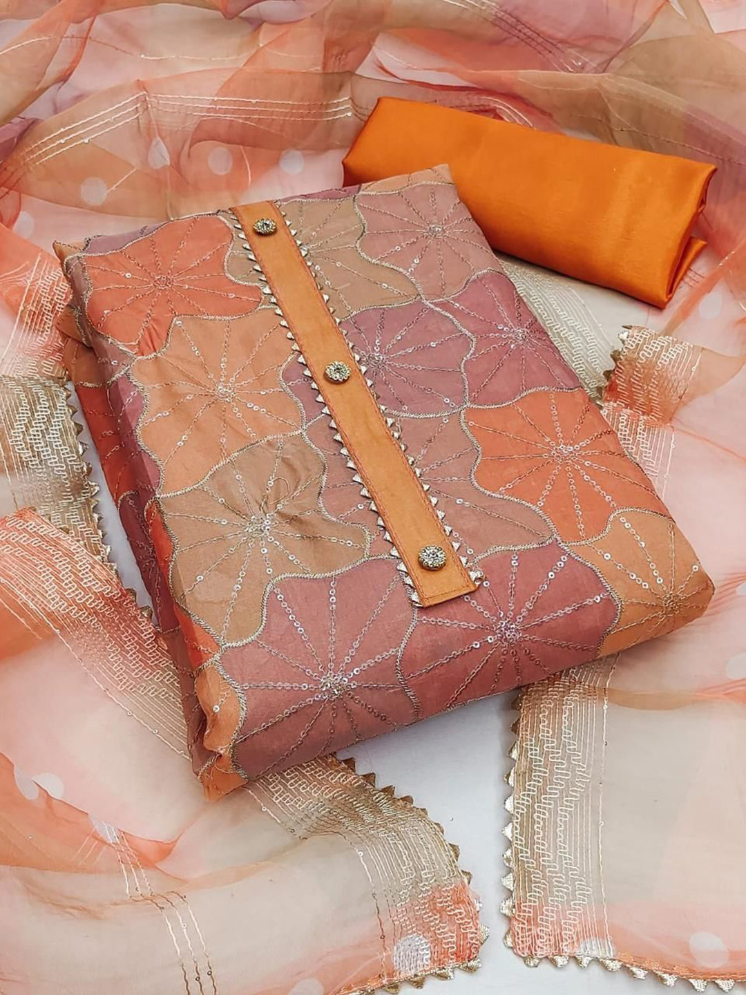 

HMP Fashion Abstract Embroidered Sequinned Organza Unstitched Dress Material, Orange