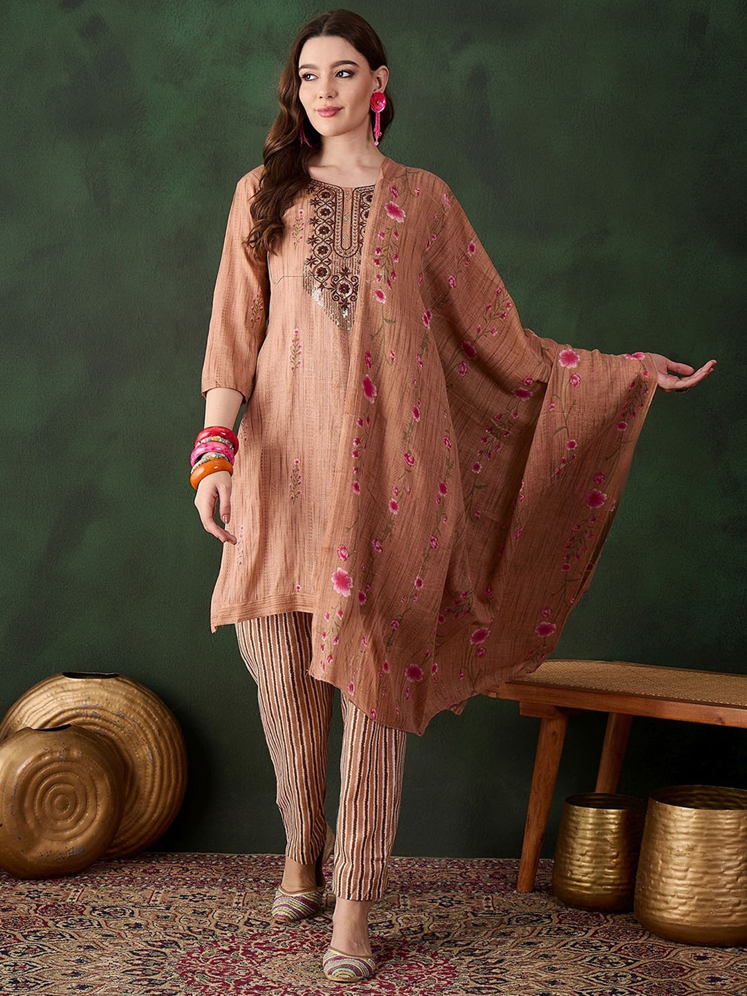 

SHADOW & SAINING Floral Embroidered Thread Work Pure Cotton Unstitched Dress Material, Beige