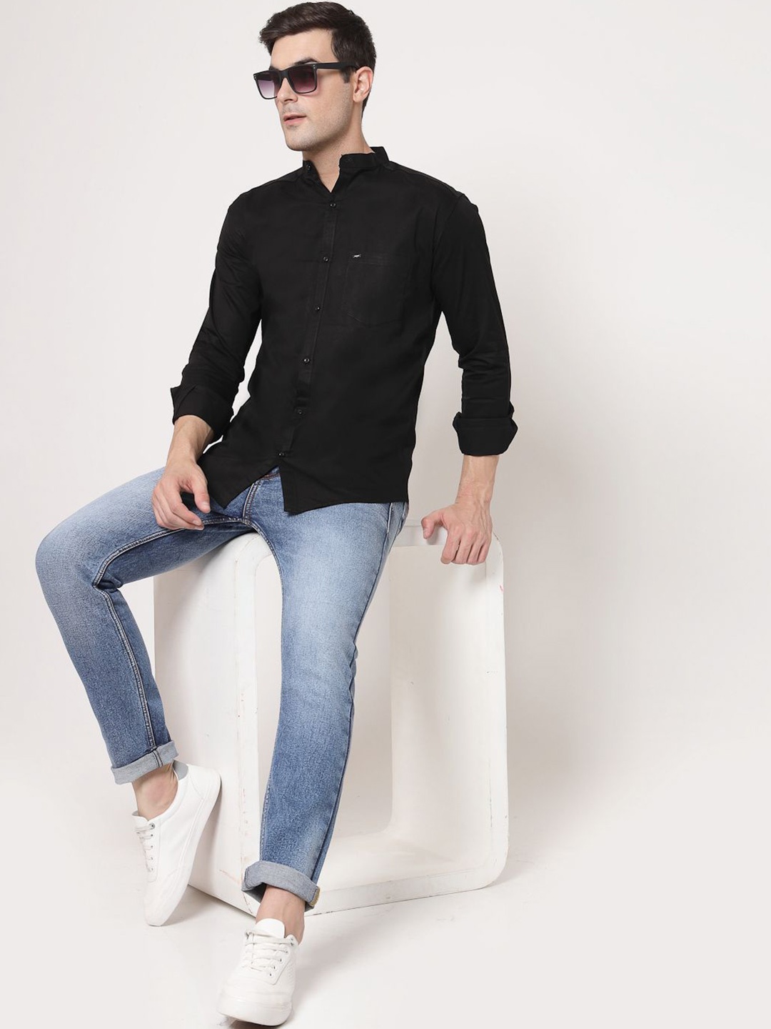 

Metronaut Classic Mandarin Collar Cotton Casual Shirt, Black