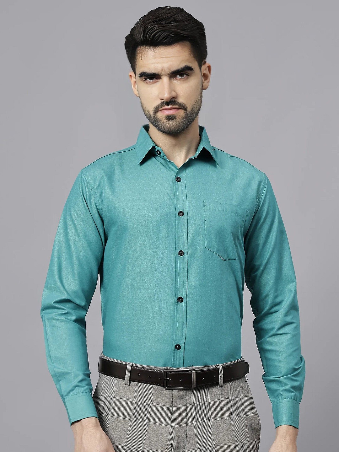 

Vida Loca Men Slim Fit Spread Collar Solid Cotton Formal Shirt, Turquoise blue
