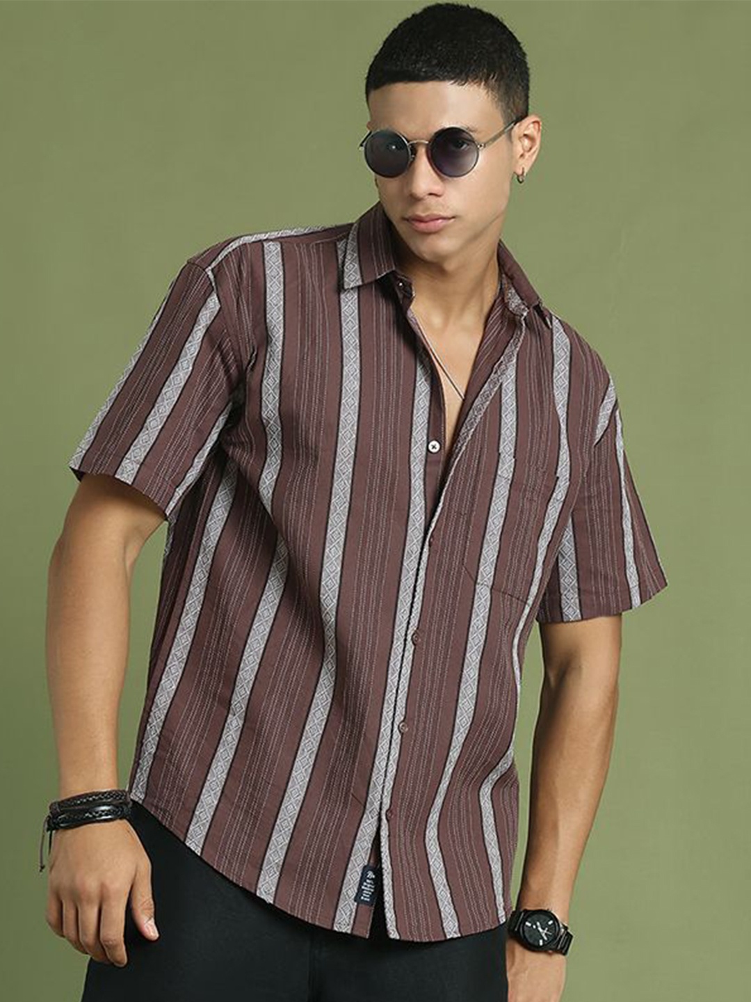 

The Roadster Lifestyle Co Striped Pure Cotton Relaxed-Fit Shirt, Brown