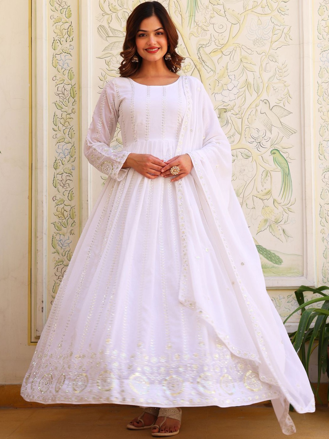 

KALINI Embroidered Round Neck Anarkali Kurta With Trousers & Dupatta, White