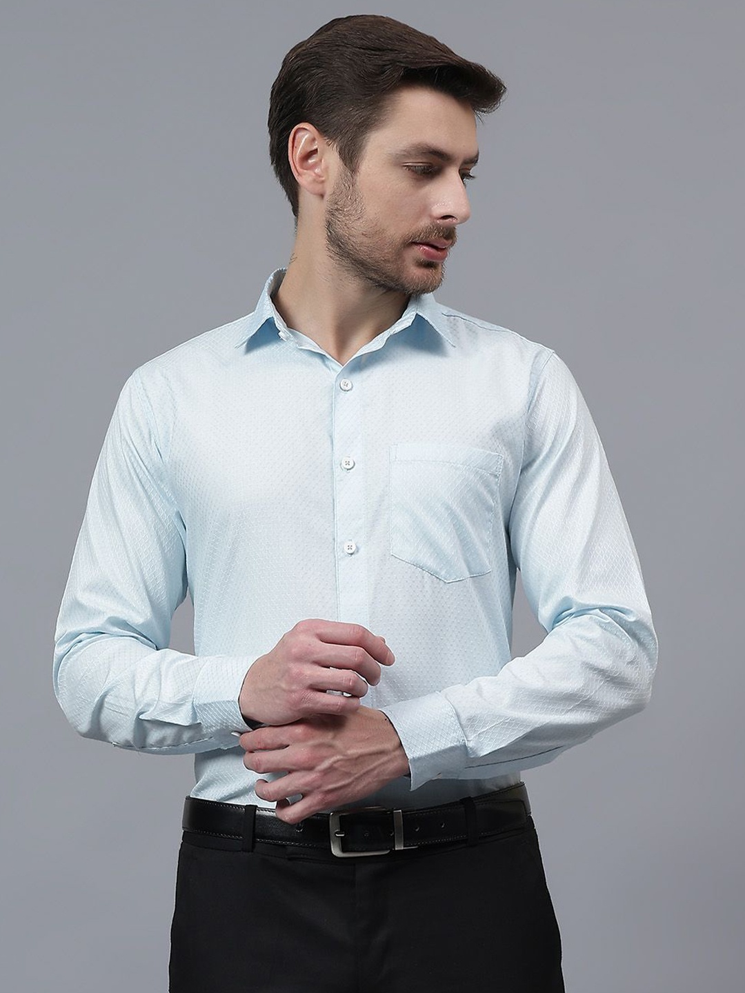 

Vida Loca India Slim Fit Geometric Self Design Cotton Formal Shirt, Blue