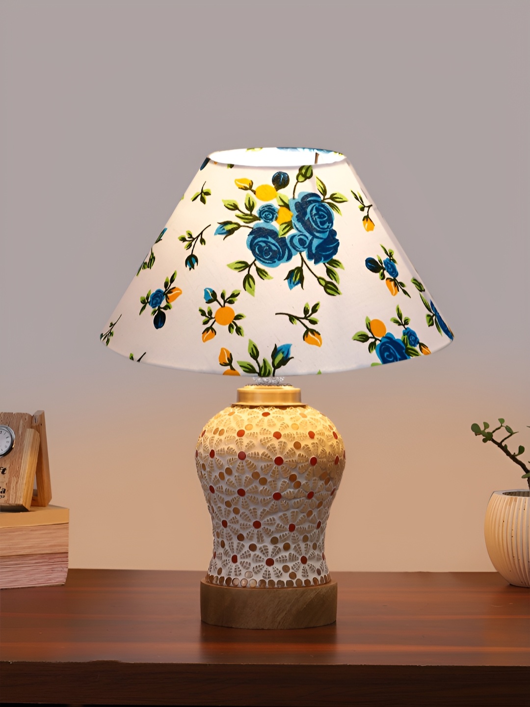 

Devansh White Floral Printed Wooden Frustum Shaped Table Lamp With Mosaic Glass Base