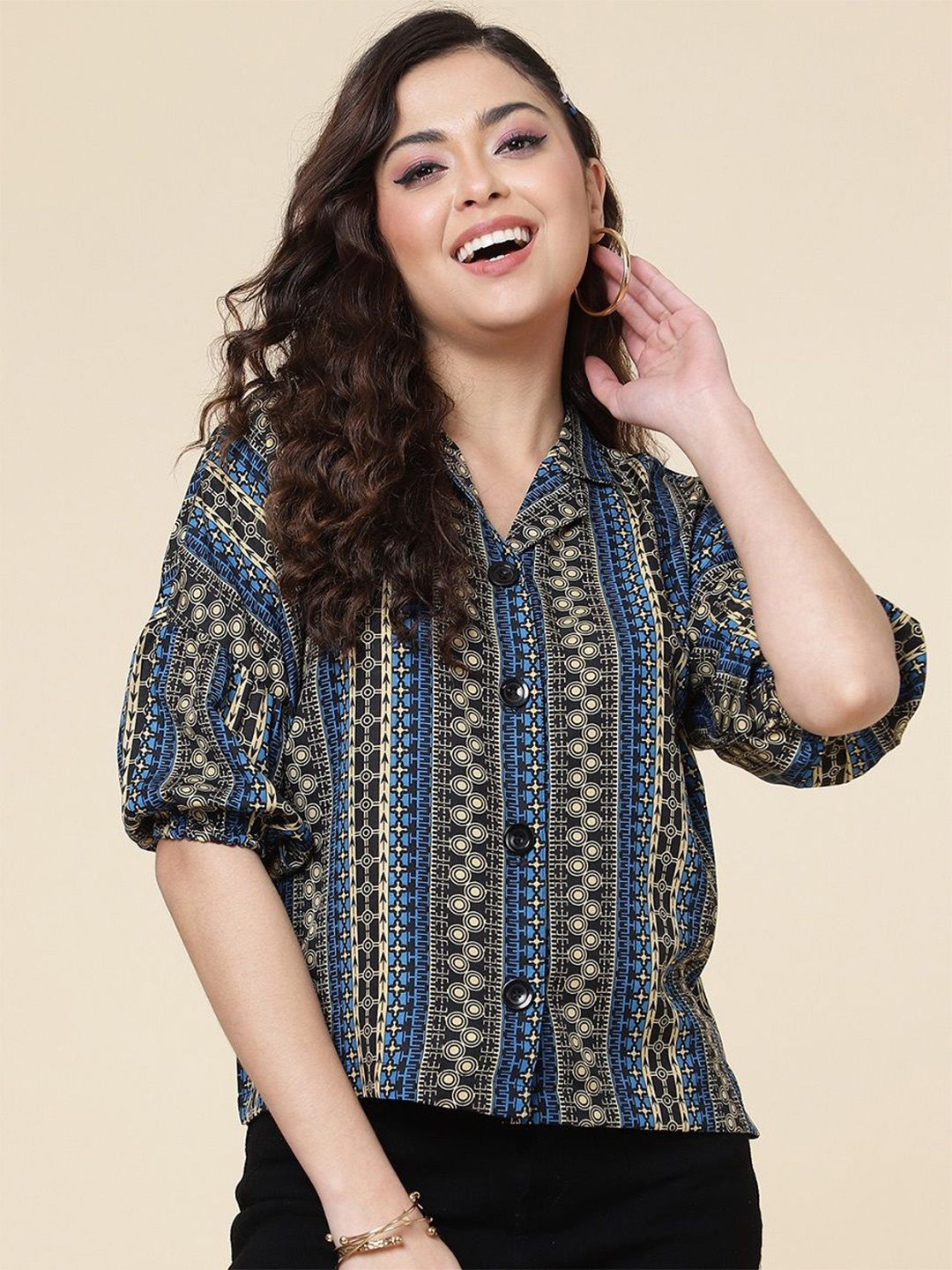 

Metronaut Smart Boxy Ethnic Motifs Printed Spread Collar Puff Sleeves Casual Shirt, Green