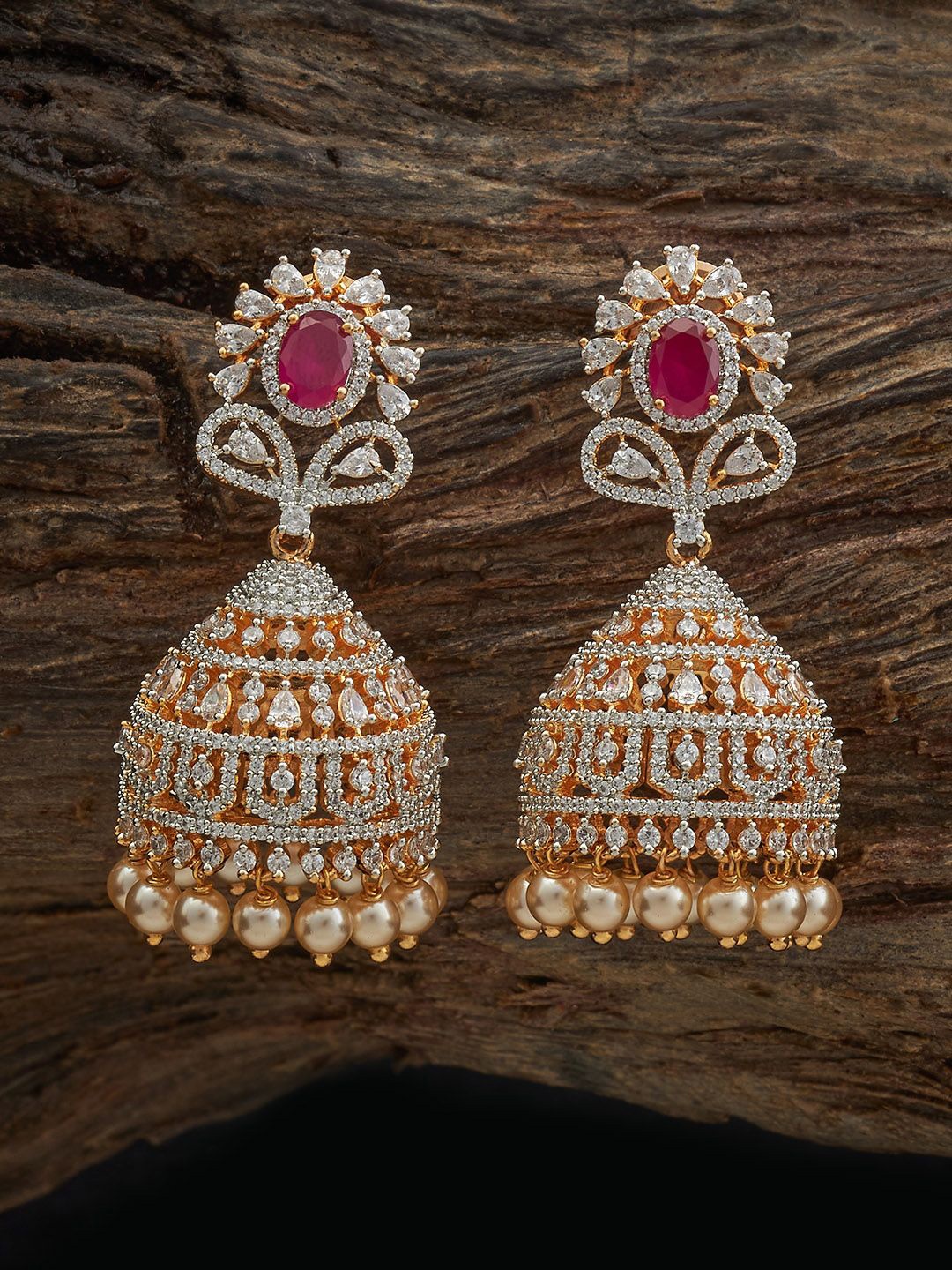 

Kushal's Fashion Jewellery Gold-Plated Dome Shaped Zircon Jhumkas Earrings, Red