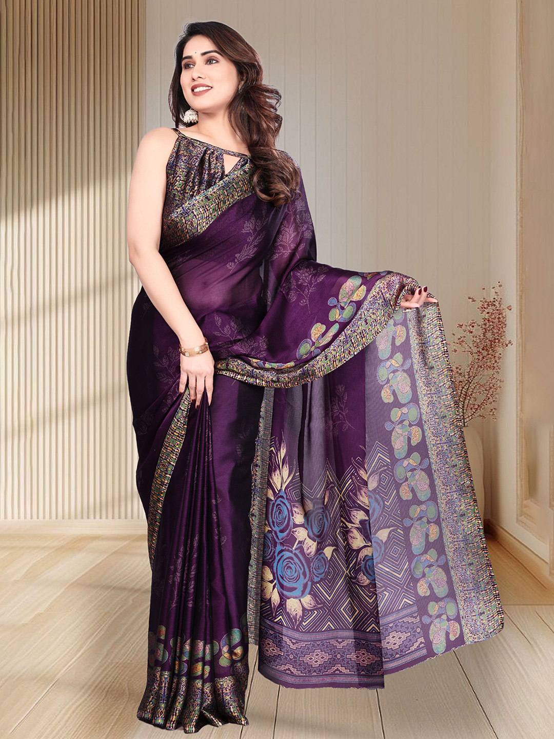 

MAGNEITTA Floral Printed Pure Chiffon Saree, Purple
