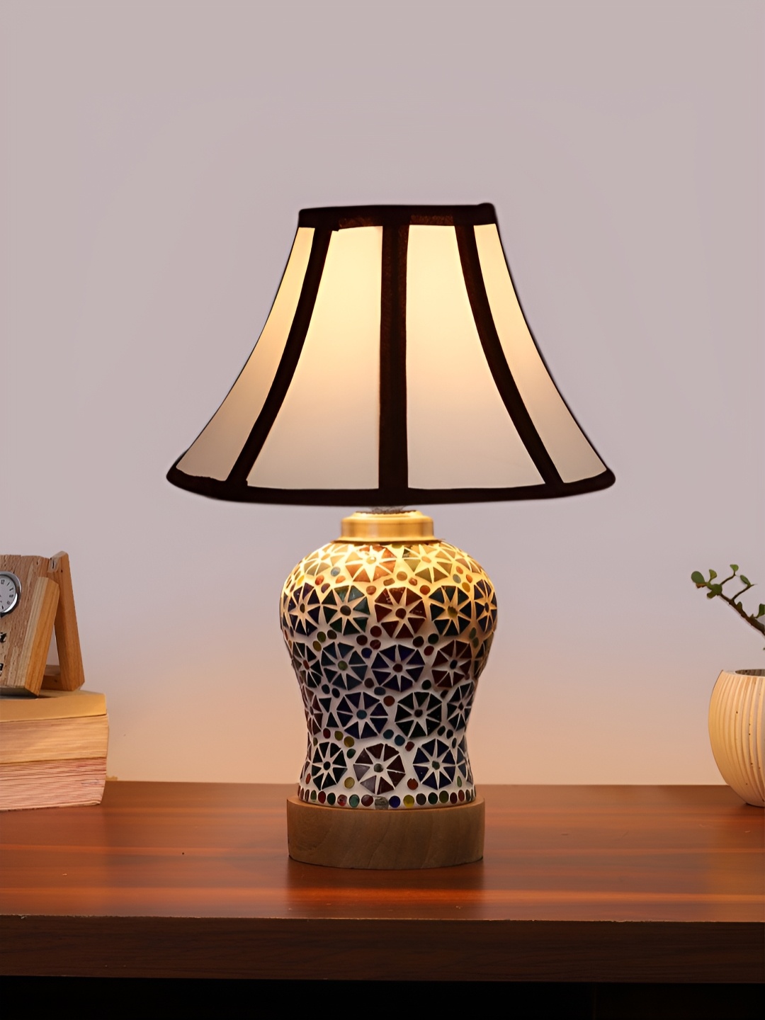 

Devansh White Printed Wooden Frustum Shaped Table Lamp With Mosaic Glass Base