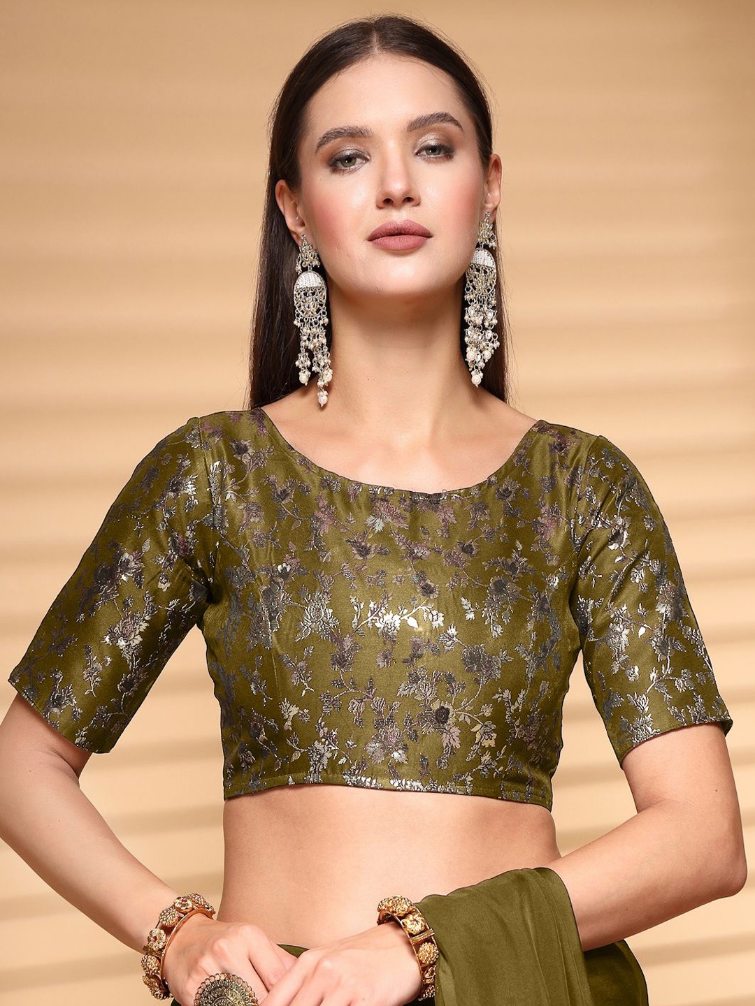 

Oomph! Women Woven Design Jacquard Traditional Saree Blouse, Olive