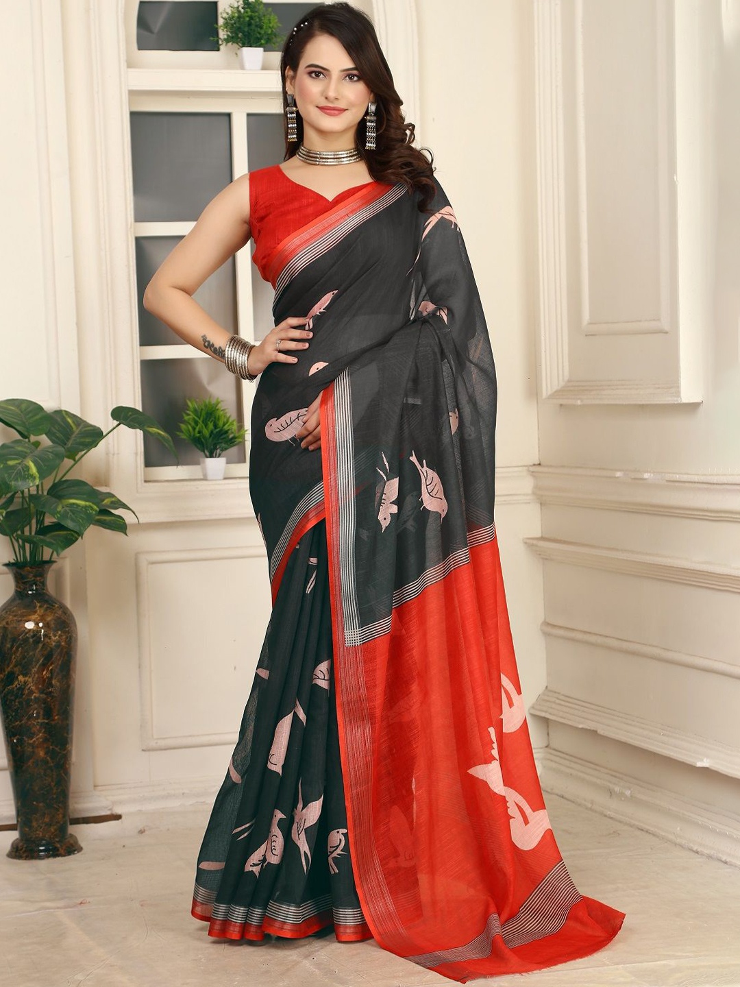 

ORUS Paisley Printed Pure Cotton Saree, Black