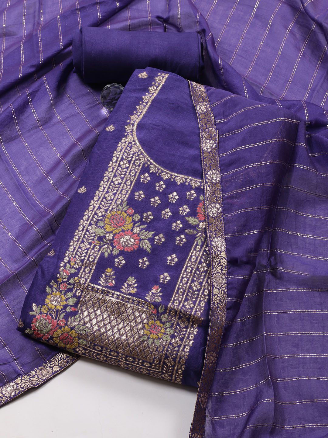 

Meena Bazaar Floral Woven Design Art Silk Chanderi Unstitched Dress Material, Purple
