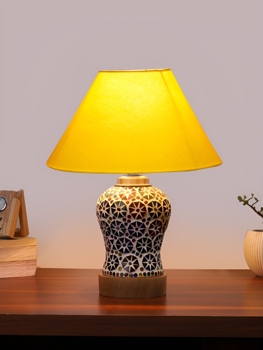 

Devansh Yellow Printed Wooden Frustum Shaped Table Lamp With Mosaic Glass Base