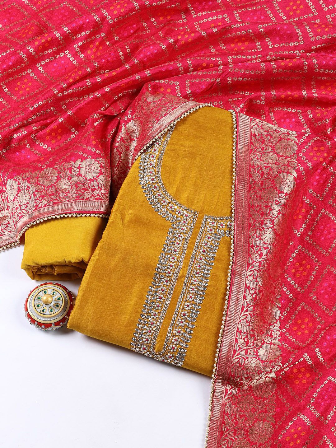 

Meena Bazaar Embroidered Art Silk Unstitched Dress Material, Mustard