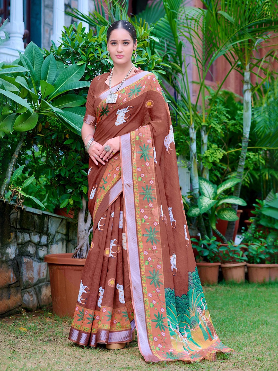 

Kalista Ethnic Motifs Zari Pure Cotton Saree, Brown