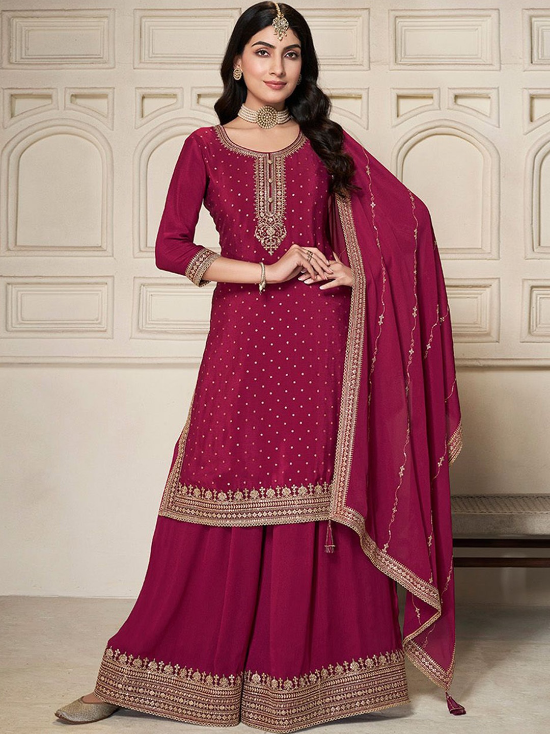 

Seerat Floral Embroidered Round Neck Sequinned Straight Kurta With Sharara & Dupatta, Red