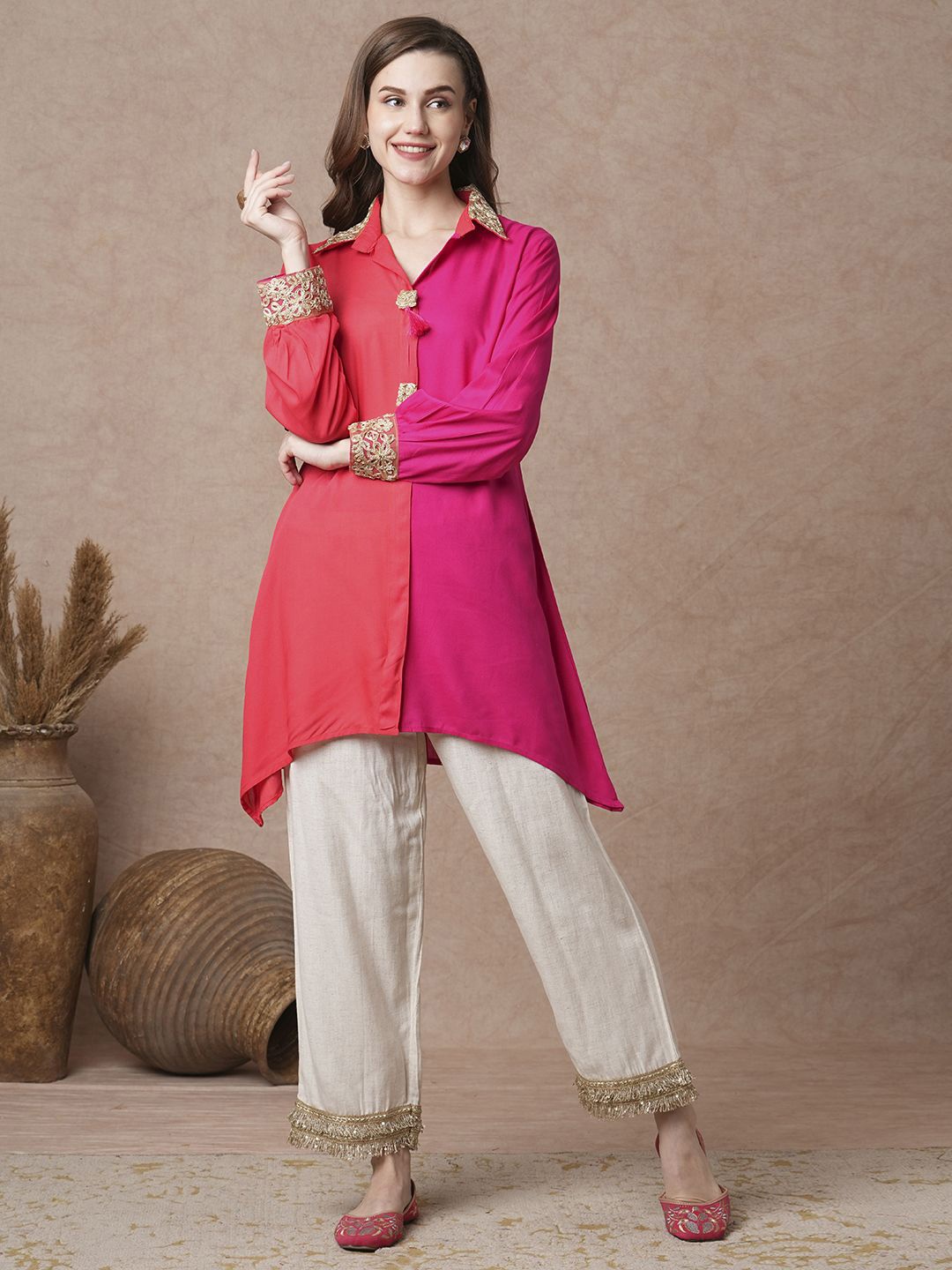 

FASHOR Floral Embroidered Shirt Collar Kurti, Pink