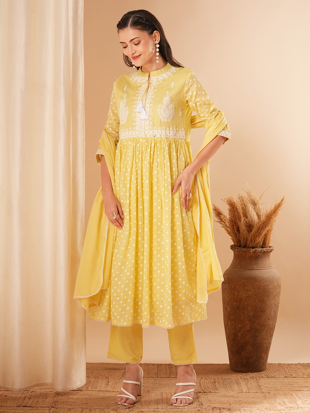 

FASHOR Ethnic Motifs Printed Chikankari Pure Cotton A-Line Kurta With Trousers & Dupatta, Yellow