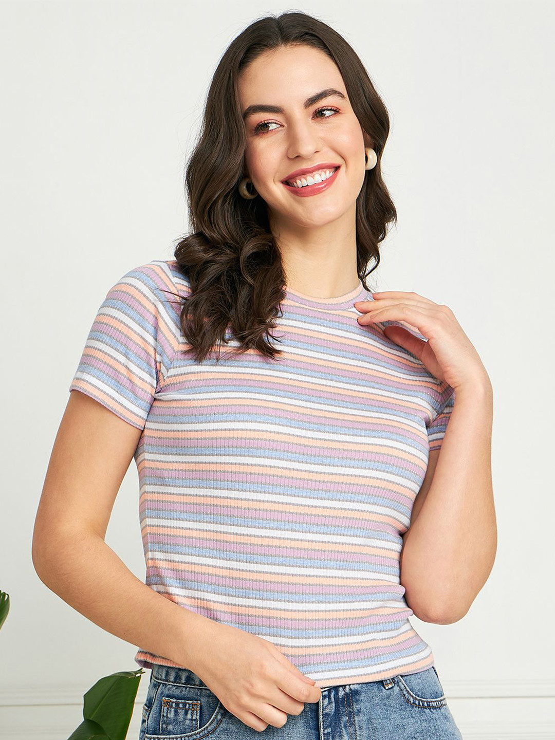 

PIVL Striped Round Neck Top, Pink