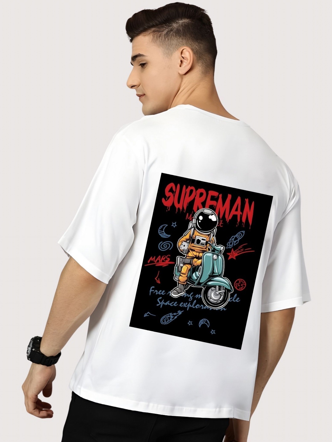 

SZN Men Graphic Printed Round Neck Cotton Oversized T-shirt, White