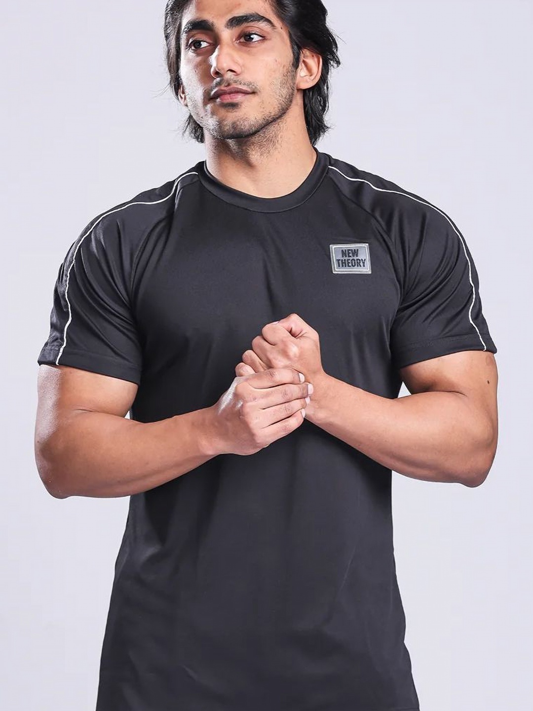 

New Theory Sports Round Neck Drop-Shoulder Sleeves Slim Fit T-shirt, Black