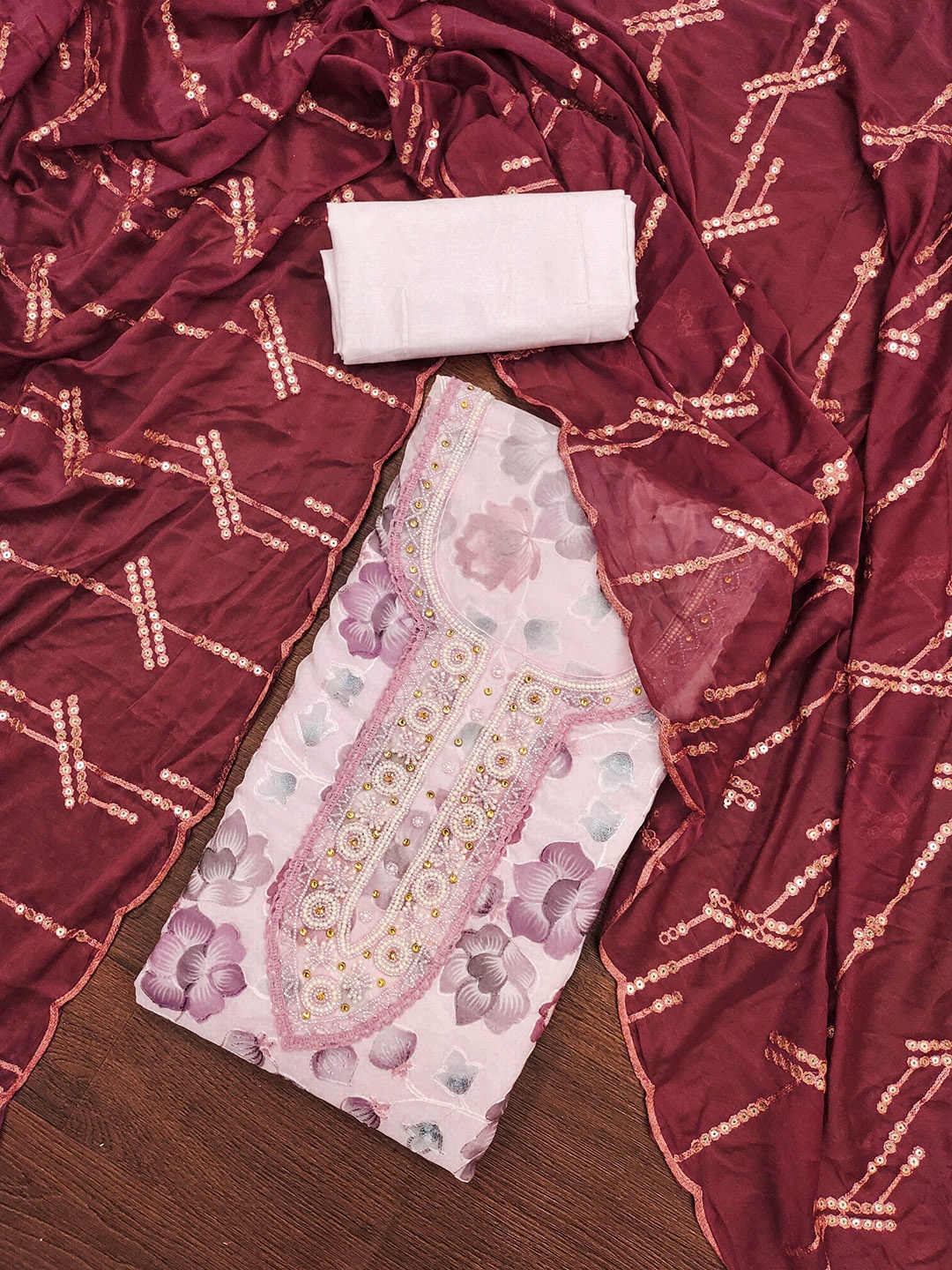 

SHADOW & SAINING Floral Embroidered Beads And Stones Organza Semi-Stitched Dress Material, Pink