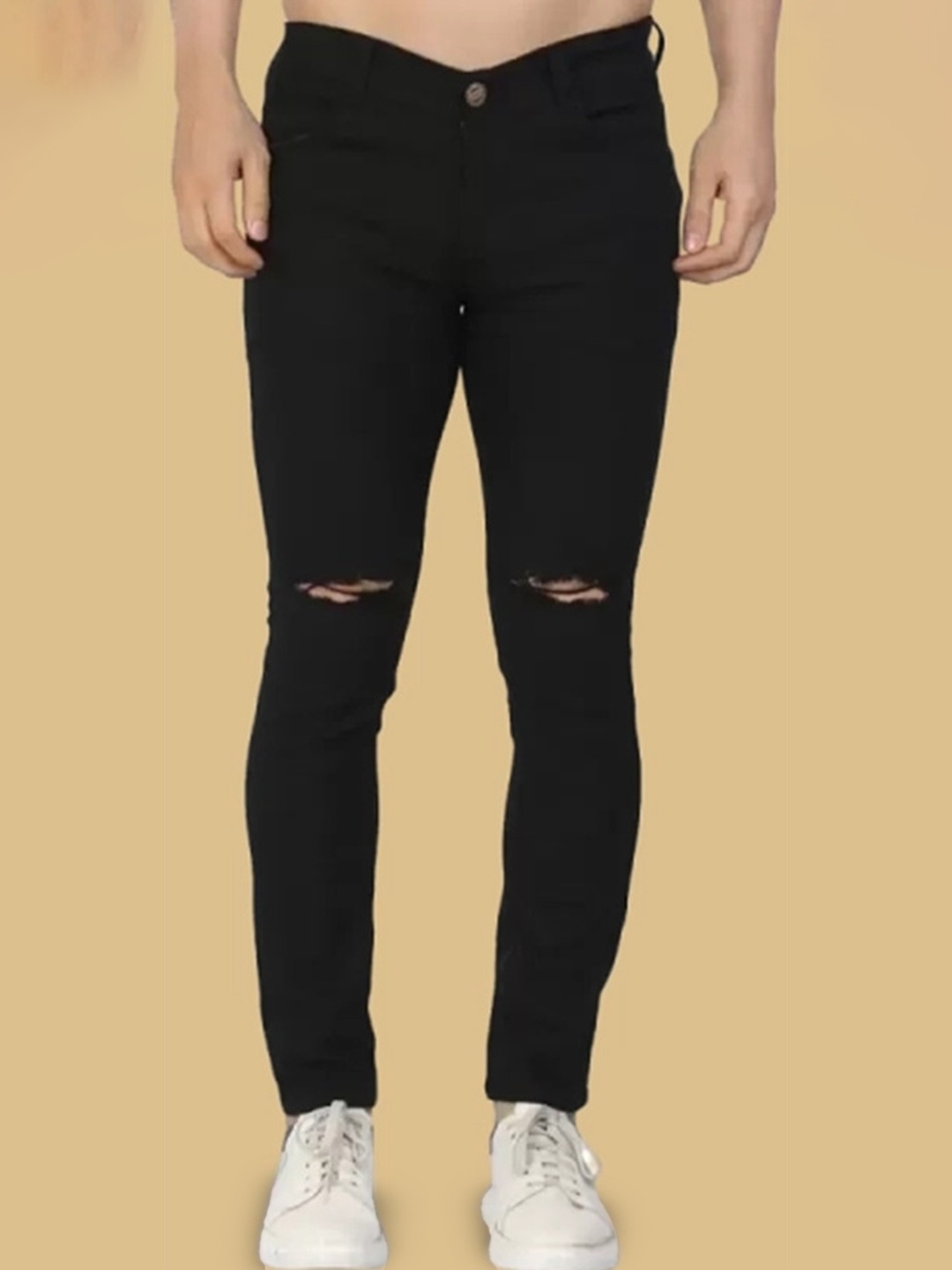 

COMFITS Men Regular Fit Mid-Rise Classic Slash Knee Stretchable Jeans, Black