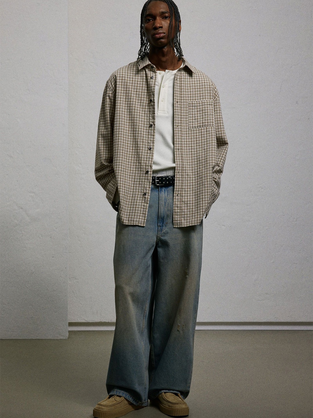 

H&M Loose Fit Flannel Shirt, Beige