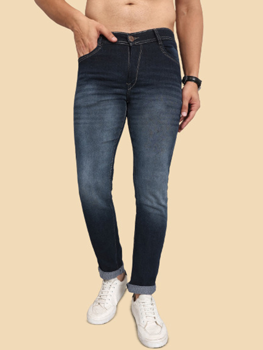 

COMFITS Men Classic Low Distress Light Fade Stretchable Jeans, Blue