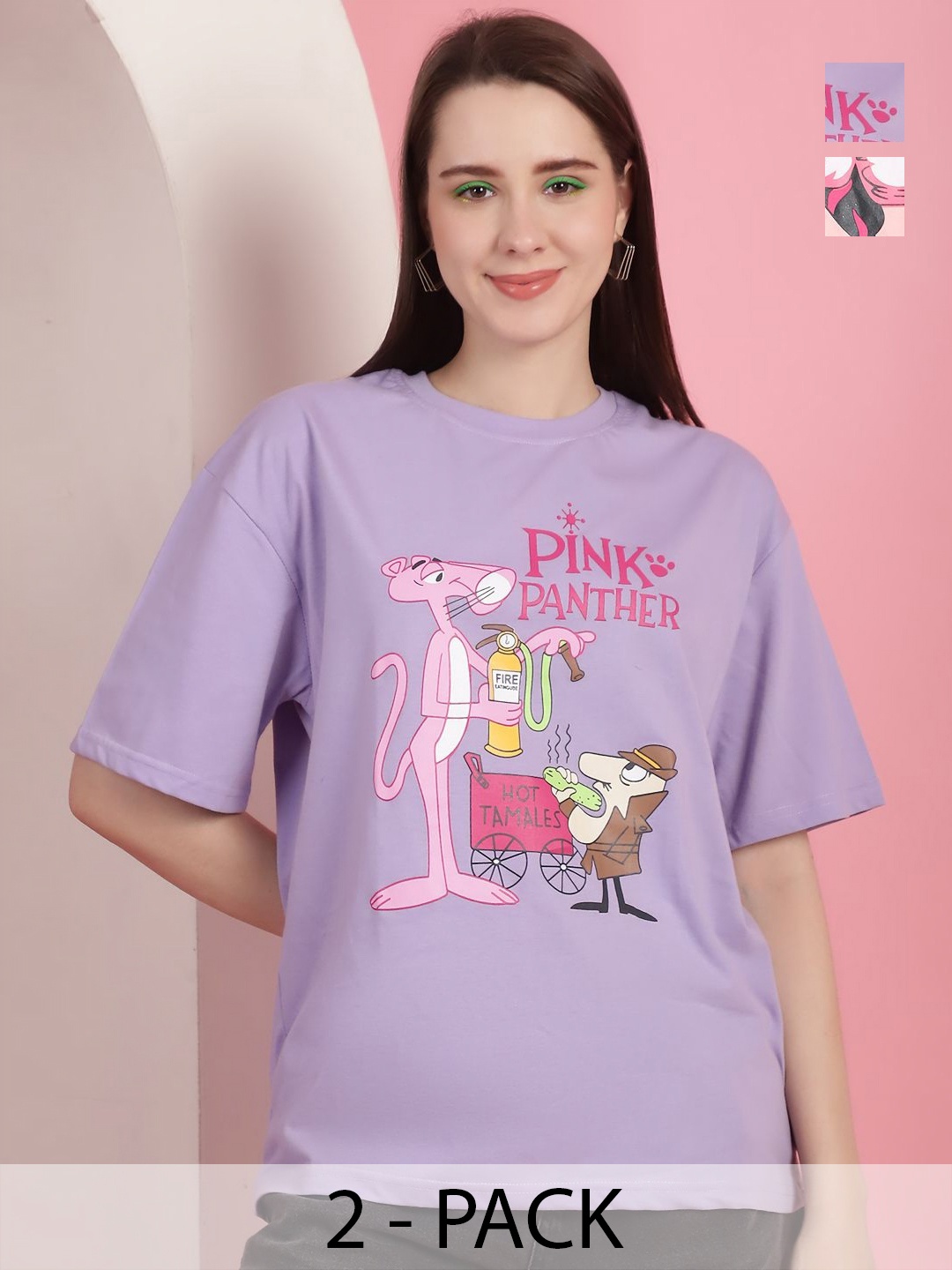 

Tromko Women Pack of 2 Pink Panther Graphic Printed Round Neck Cotton Oversized T-shirts