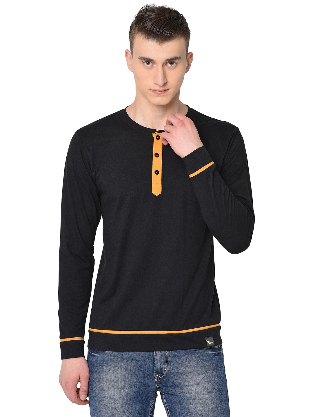 

Unicus Apparel Men Solid Henley Neck Cotton T-shirt, Black