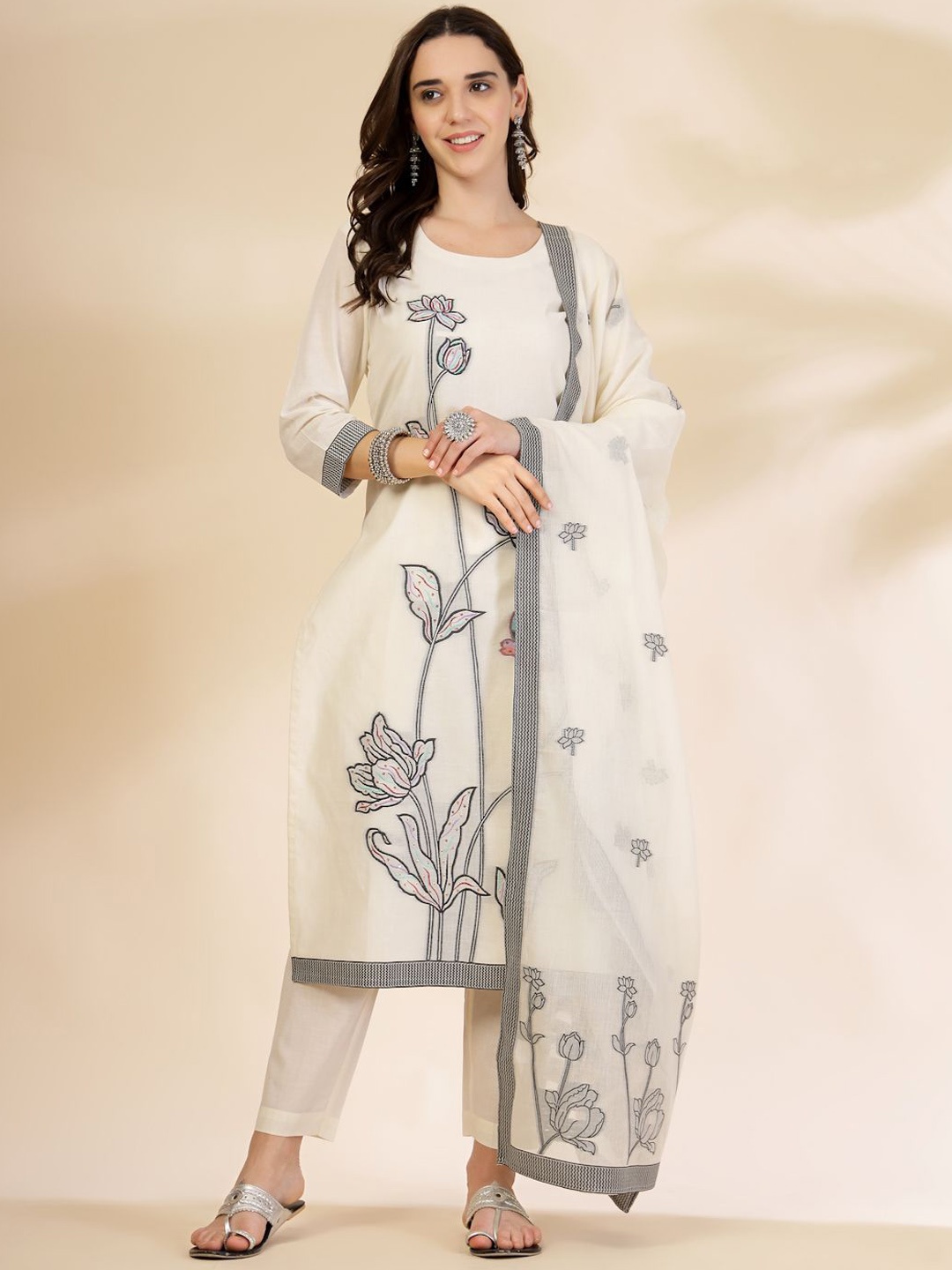 

Yufta Floral Embroidered Thread Work Pure Cotton Jacquard Kurta With Trousers & Dupatta, Off white