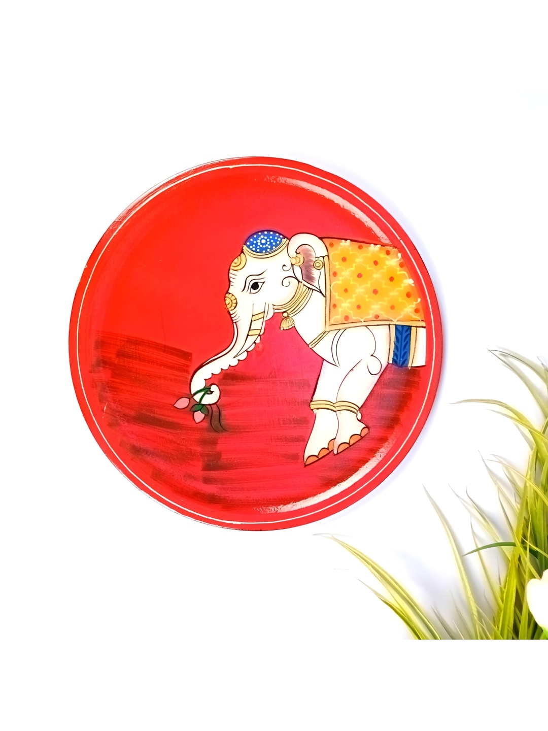 

apka mart Red & White Elephant Printed Wooden Wall Plate