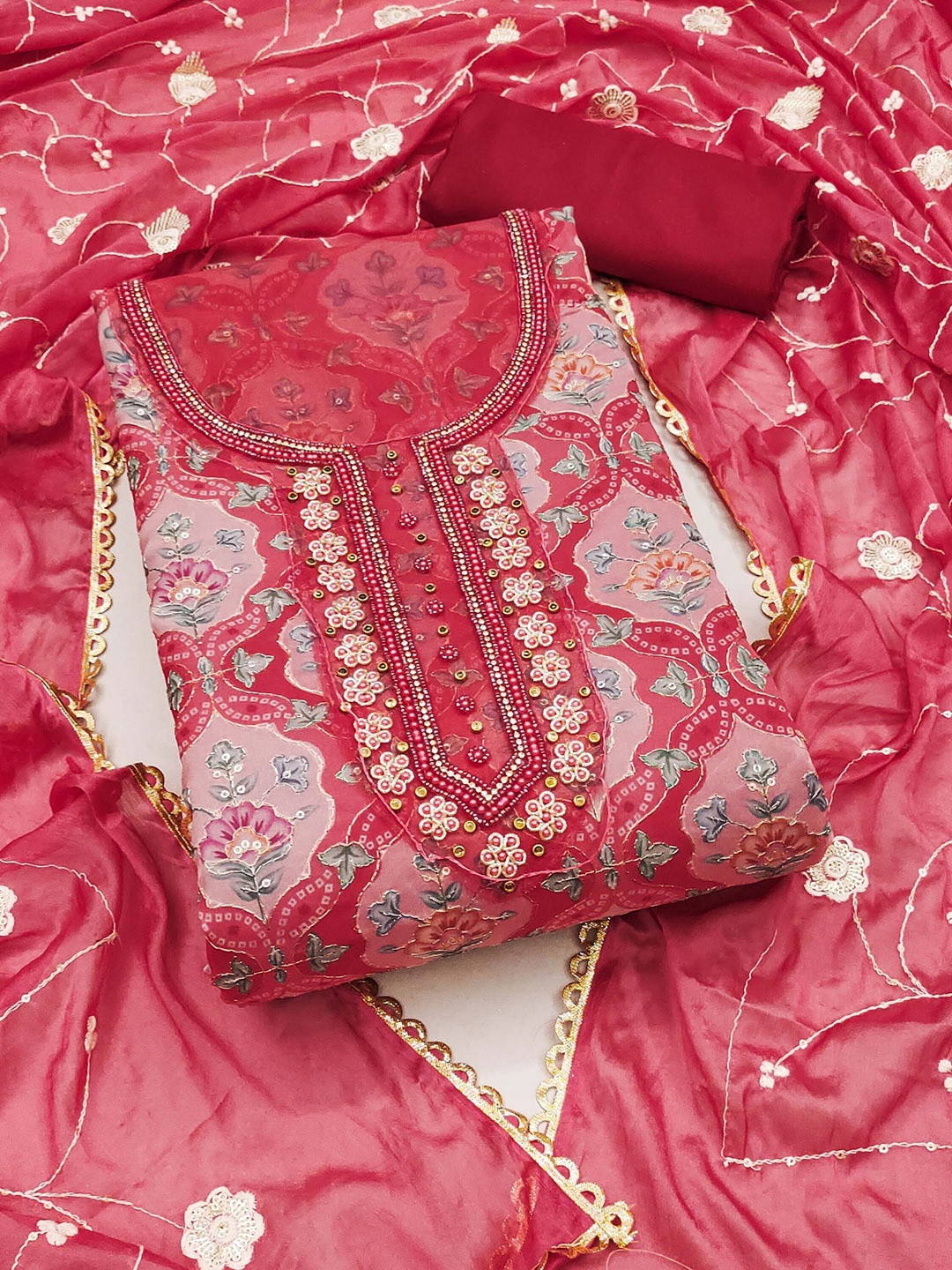 

SHADOW & SAINING Floral Embroidered Beads & Stones Organza Unstitched Dress Material, Maroon