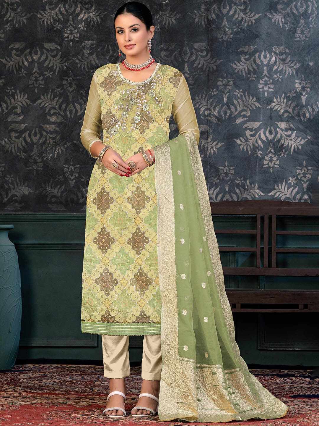

SHADOW & SAINING Embroidered Sequnnied Organza Semi-Stitched Dress Material, Green