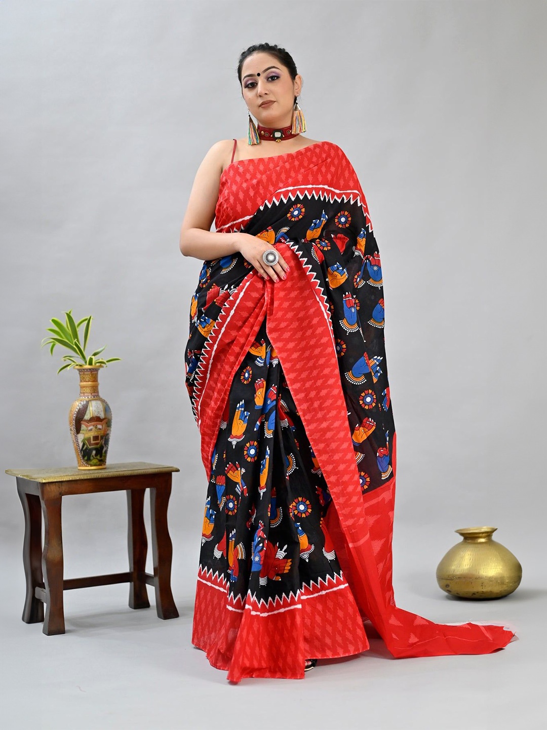 

ORUS Kalamkari Printed Pure Cotton Saree, Black