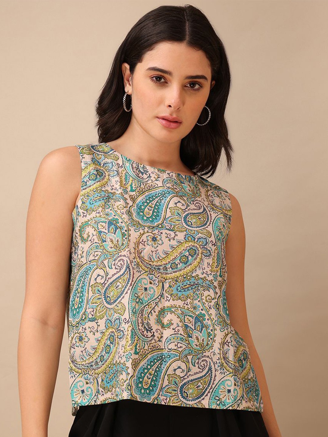 

OBSHIVKA Women Ethnic Printed Boat Neck Cotton Styled Back Top, Cream