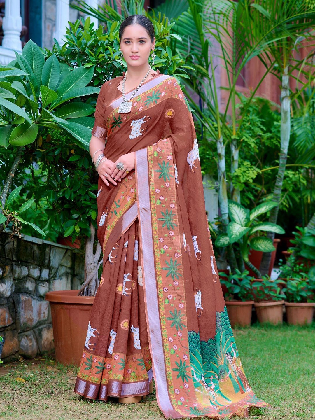 

ORUS Ethnic Motifs Printed Pure Cotton Saree, Brown