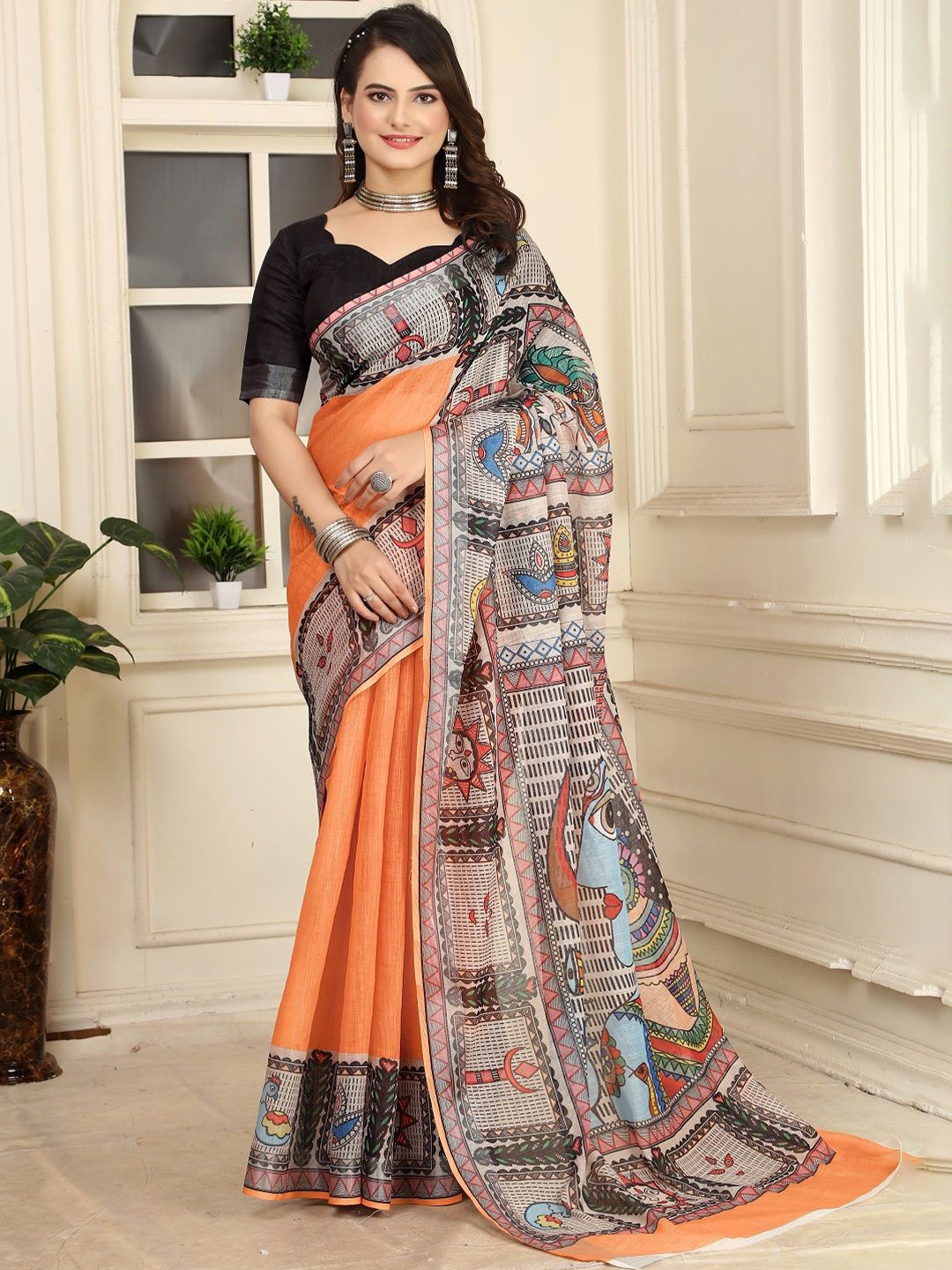 

ORUS Kalamkari Printed Pure Cotton Saree, Orange