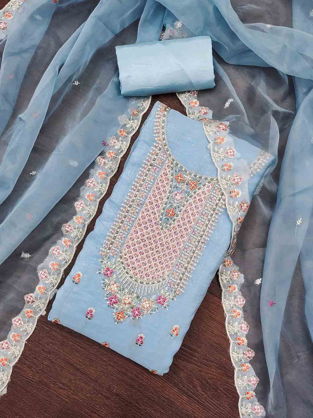 

SHADOW & SAINING Floral Embroidered Organza Unstitched Dress Material, Sea green