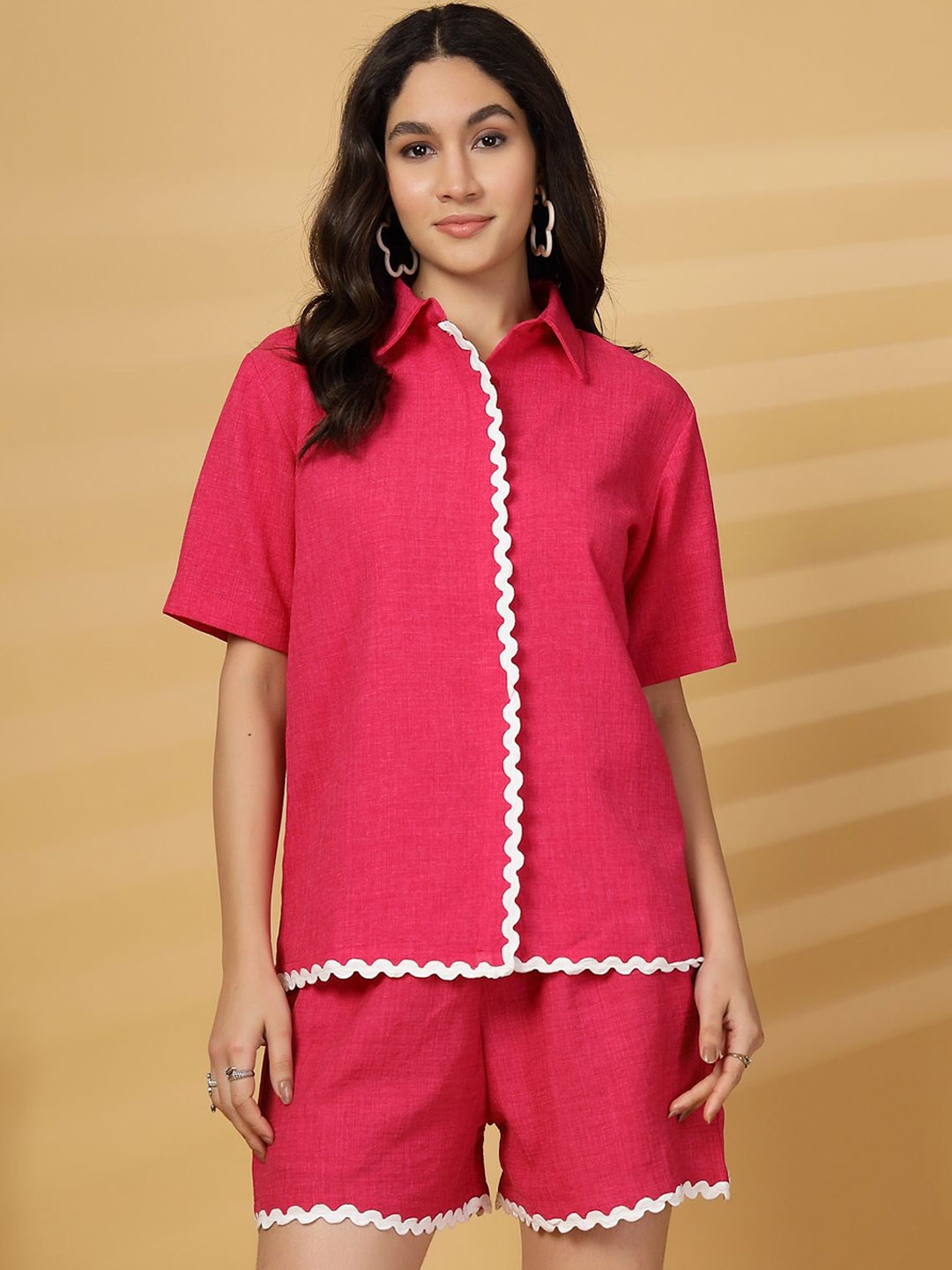 

plusS Short Sleeves Pure Cotton Shirt With Shorts, Pink