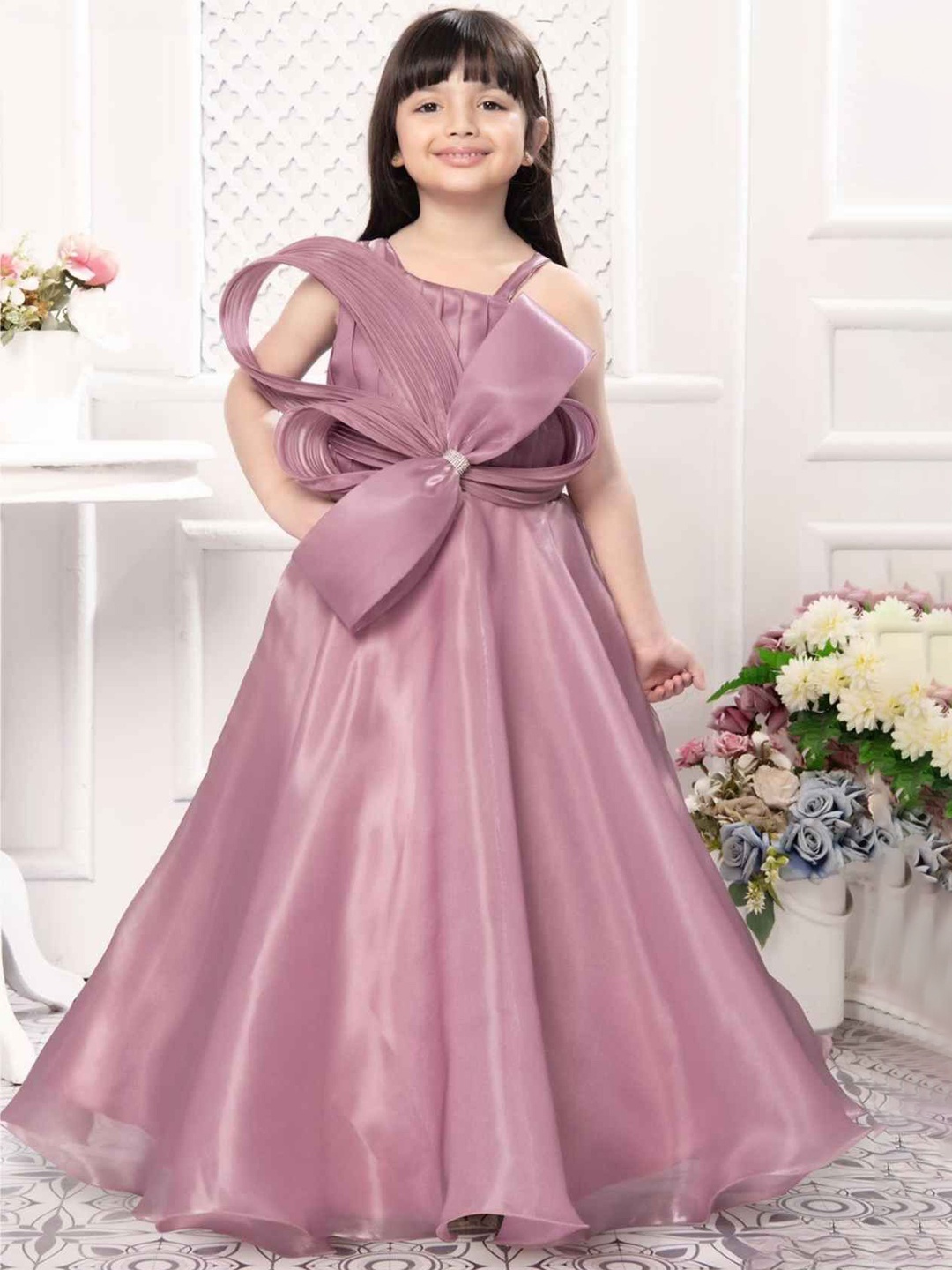 

Lagorii Girls Bow Embellished With Stone Work Gown Onion Pink