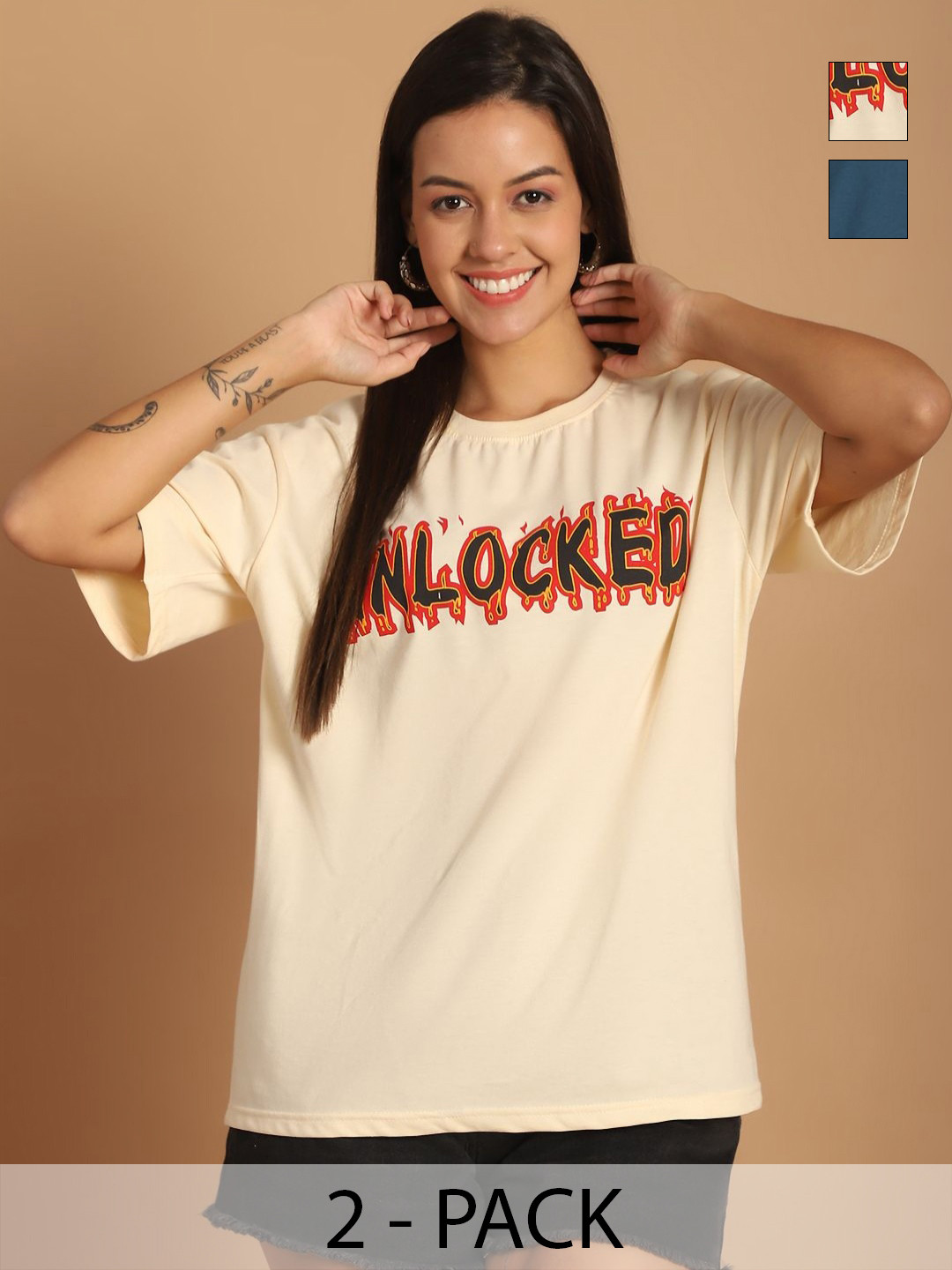 

Tromko Women Pack of 2 Graphic Printed Round Neck Cotton Oversized T-shirts, Cream
