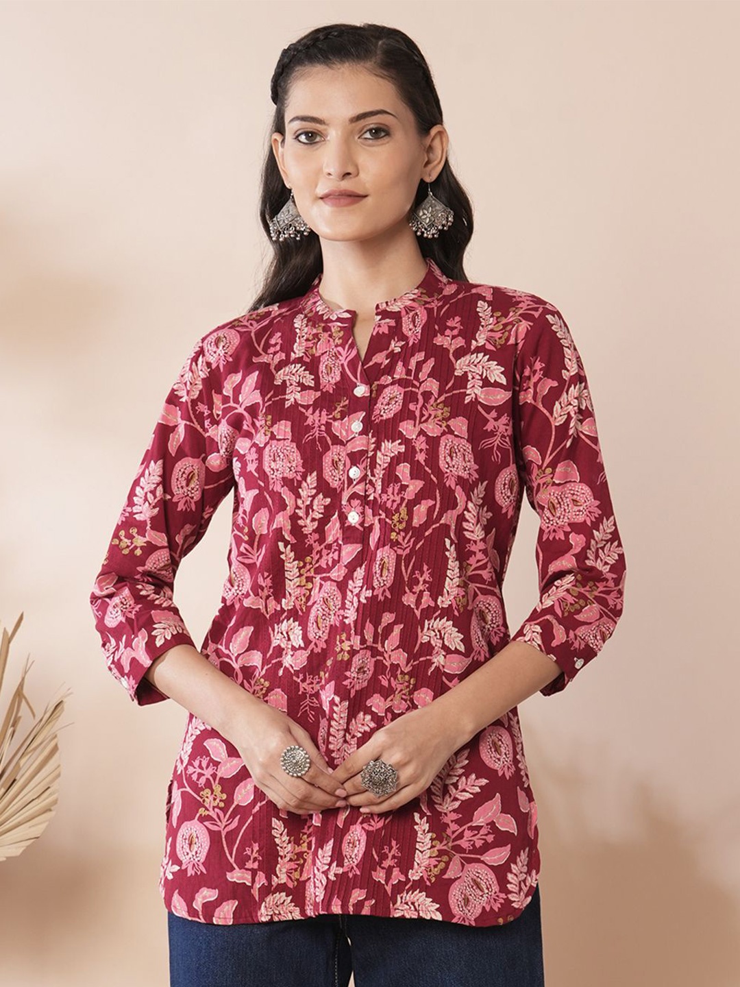 

FASHOR Women Ethnic Printed Pleated Pure Cotton Straight Kurti, Red