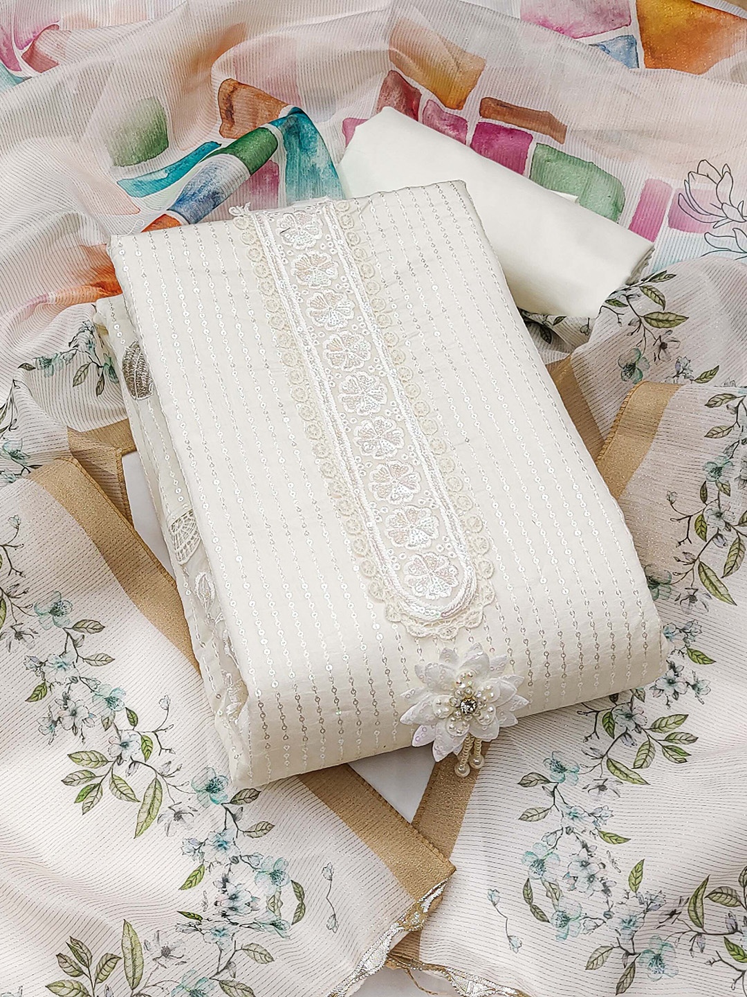 

SHADOW & SAINING Floral Embroidered Zari Roman Silk Semi-Stitched Dress Material, White